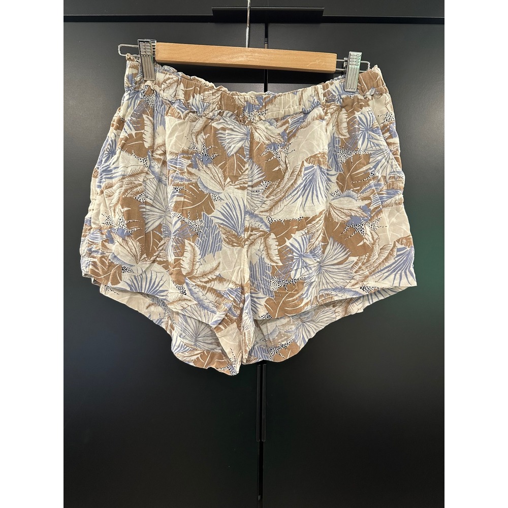 Aerie Women Tan Blue Tropical Palm Leaf Print Modal Lounge Shorts Size M 7511